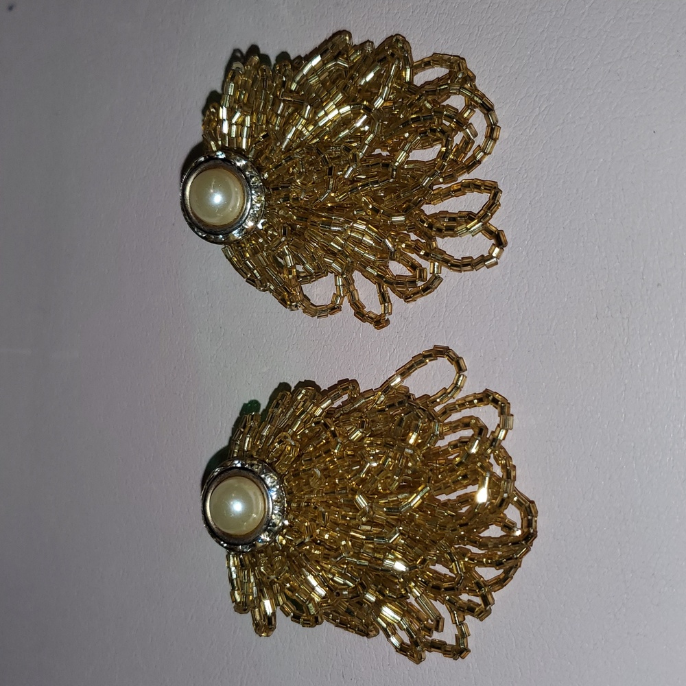 Vintage Gold Beaded Clup On Earrings